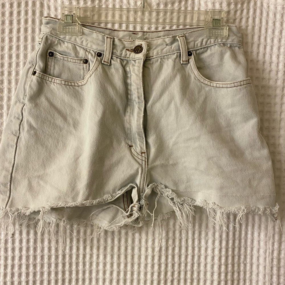 Brand- Studio B. Style- High waisted denim shorts. Color- Super light blue